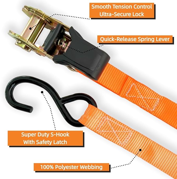 8PK Ratchet Tie Down Straps - 1in x 16feet, 880LBS Working Load & 1760LBS Break Strength, Wear-Resistant Webbing with Non-Slip Rubber Handle, S-Hooks & Storage Bag