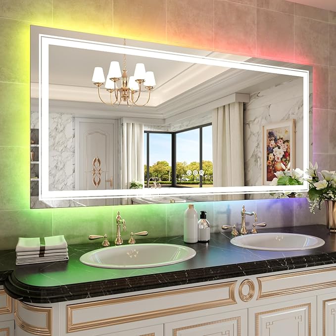 WTTY LED Bathroom Mirror 48"x36" with RGB Backlit and Front Light,Stepless Dimmable LED Mirror for Bathroom,Colored Lighted Bathroom Vanity Mirror,Anti-Fog,Memory Function,Shatter-Proof