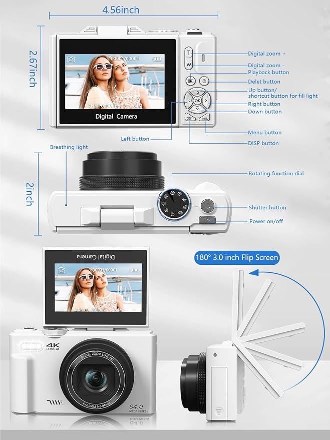 Digital Camera for Photography, 4K Vlogging Camera for YouTube 3" 180° Flip