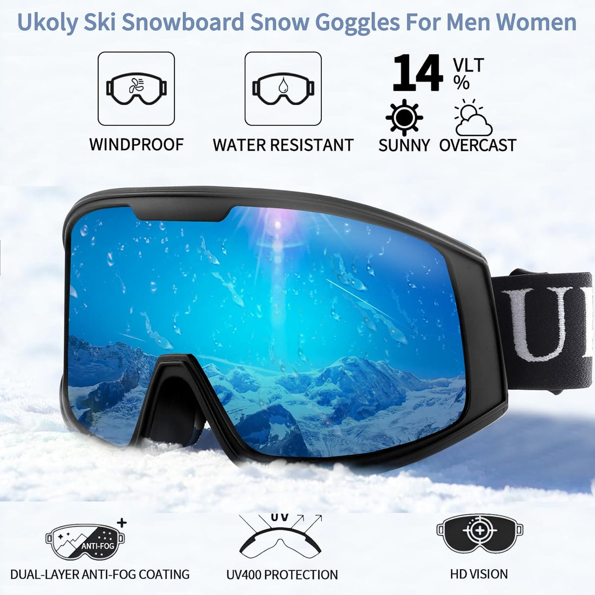 Ukoly Ski & Snowboard Goggles - HD Anti-Fog Lens, UV400 Protection, OTG Design for Men & Women