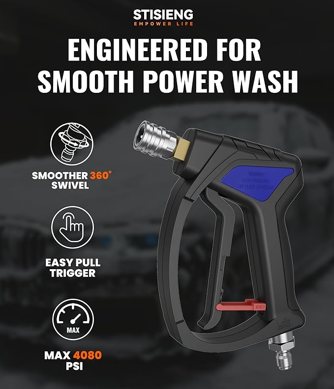 Short Pressure Washer Gun with 360° Swivel, High Pressure Stubby Power Washer Gun Kit with 5 Nozzle Tips, M22-14mm & 15mm Adapters, 3/8" QC for Car Wash Detailing & Cleaning (Black)