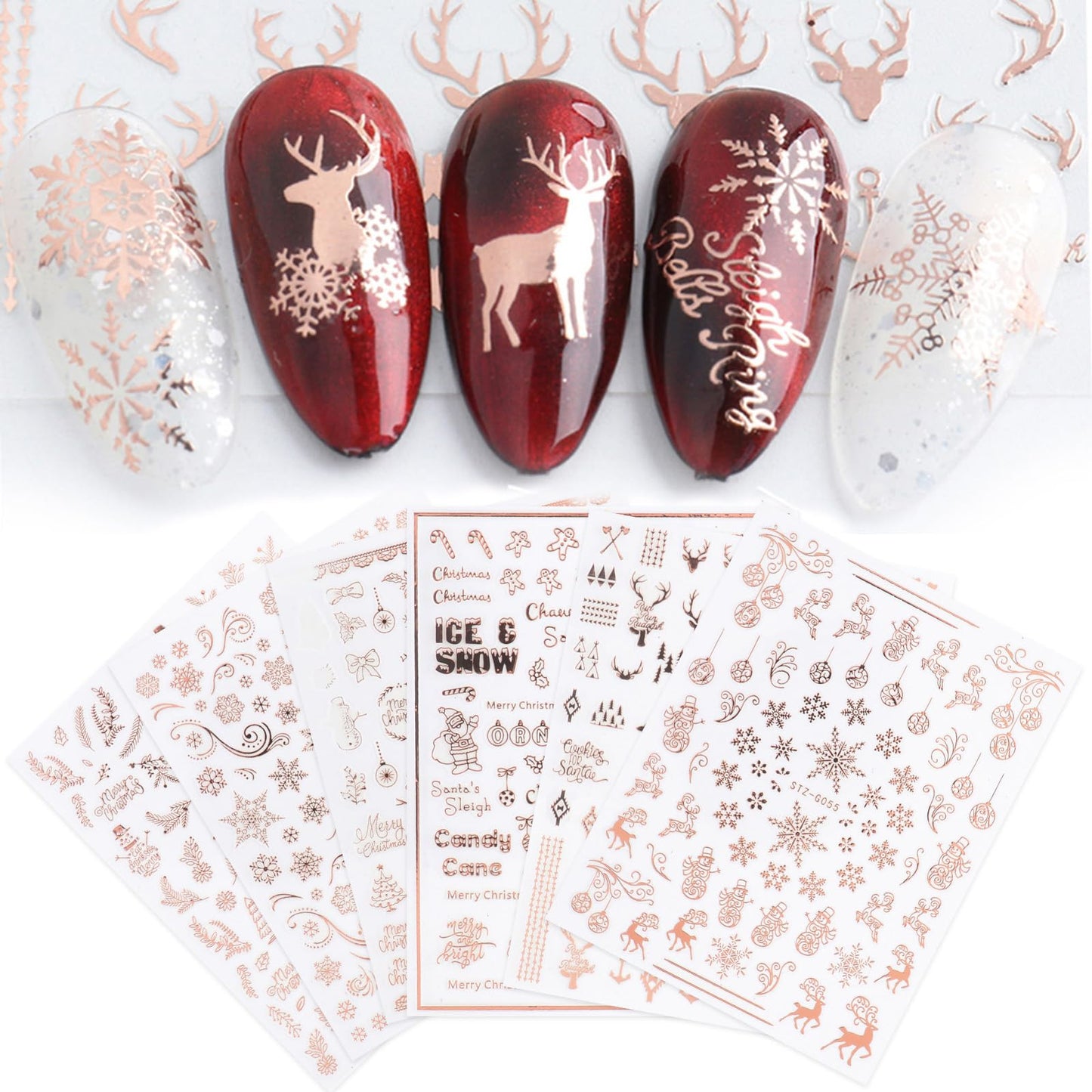 Jmeowio 9 Sheets Christmas Nail Art Stickers Decals Self-Adhesive Pegatinas Uas Navidad Rose Gold Winter Holiday Xmas Snowflake