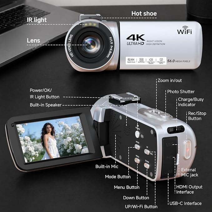 Video Camera, 4K Camcorder 56MP Digital Video Recorder 18X Zoom 3" 270°