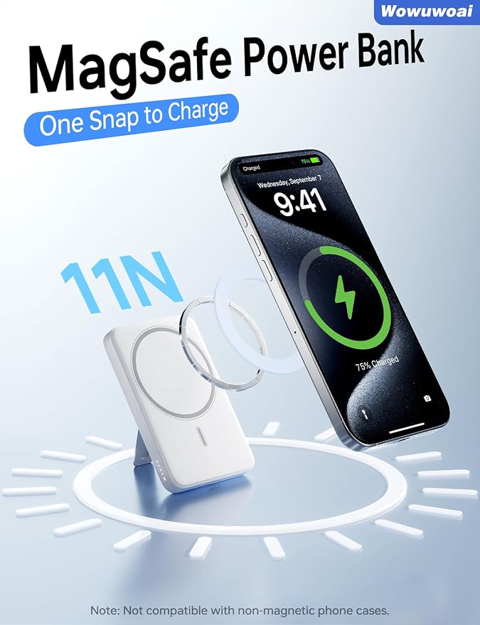 for Magsafe Portable Charger, 10000mAh Wireless Power Bank with Stand, USB C PD 20W Fast Charging Powerbank, Magnetic Battery Pack Compatible for iPhone 17/16/15/14/13/12 Series - White