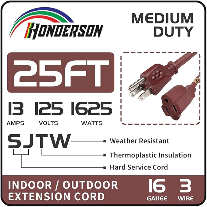 25FT Brown Outdoor Extension Cord-16/3 SJTW Durable Extension Cord for Christmas Lights with 3 Prong Grounded Plug, Great for Outside Christmas Decorations