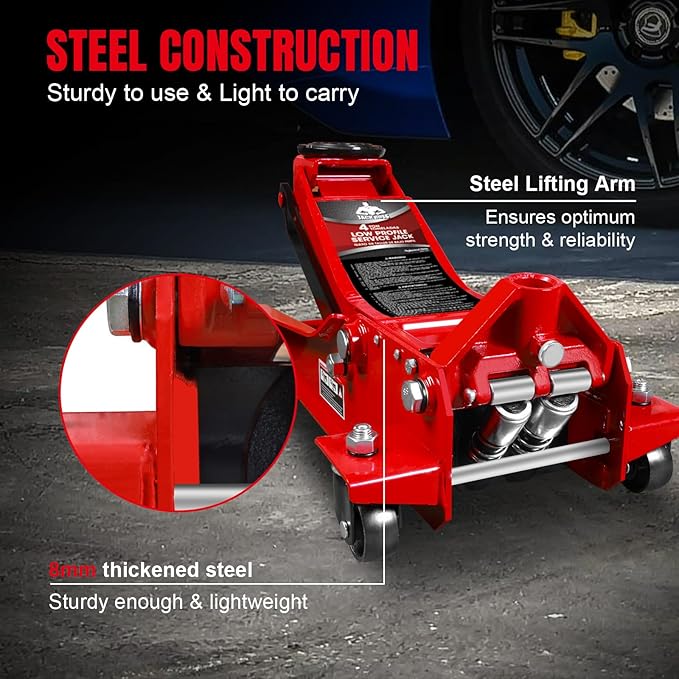 Jack Boss 4 Ton Floor Jack Hydraulic Low Profile Floor Jack with Dual Piston Quick Lift Pump, 4 Ton (8,800 lbs) Capacity, Red