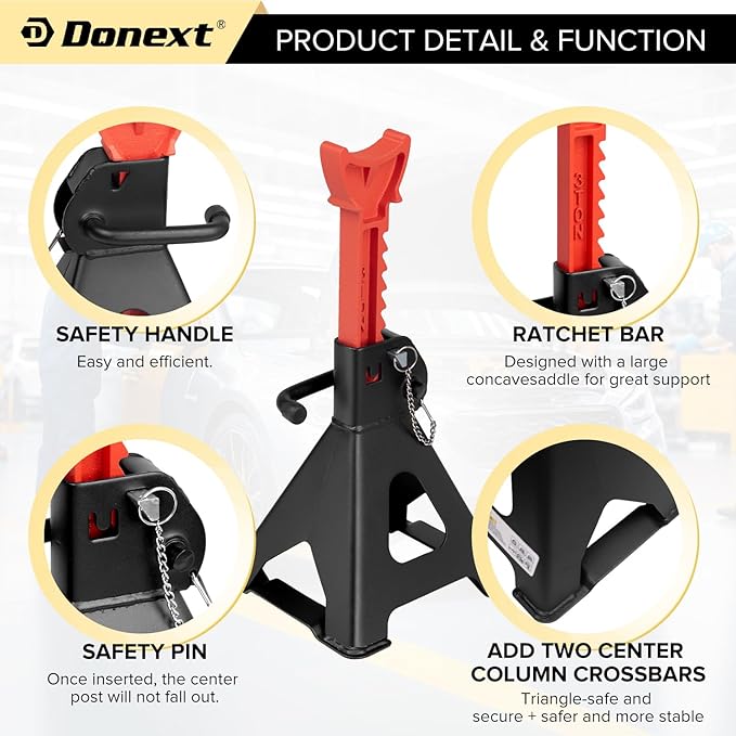 Donext Jack Stands 3 Ton (6,500 lb) Capacity Steel Double Locking, 1 Pair Black and Red Lifting Stand Adjustable Jack Stands