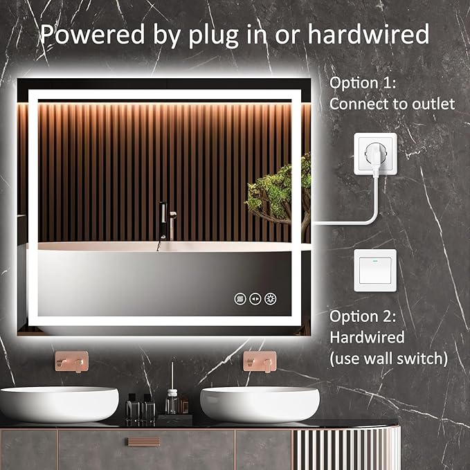 LED Bathroom Mirror 28x32 Inch Anti-Fog Bathroom Mirror with Lights, Wall Mounted Lighted Vanity Mirrors, Dimmable, Backlit + Front Lit, Smart Bathroom Vanity Mirror with 3 Colors Temperature