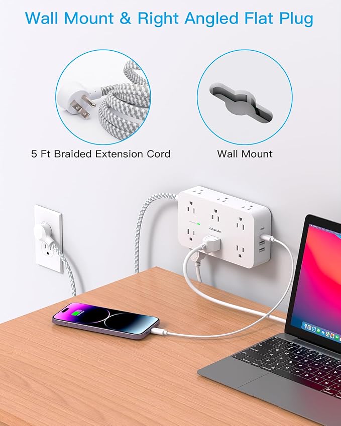Power Strip Surge Protector, HANYCONY 12 Multiple Outlets 4 USB Ports (2 USB C), 5Ft Braided Extension Cord Flat Plug, Overload Surge Protection, Desk for Office Home College Dorm Room Essentials