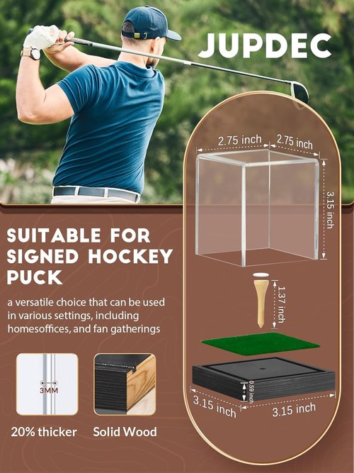 JupDec Golf Ball Display Case - Clear Acrylic Holder with Wood Base & Dust Protection | Black, 1 Pack