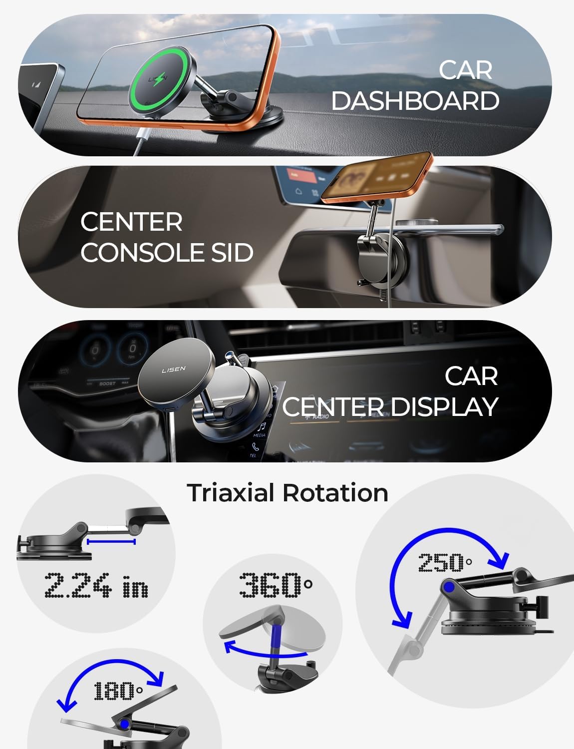 LISEN 15W Magsafe Car Mount Charger for iPhone 18 Pro Max, Magnetic Wireless Car Charger, Suction Phone Mount, Vacuum Magnetic Phone Holder for Carfor iPhone 18 Pro Max 17 16 15 14 13 12 Samsung Pixel