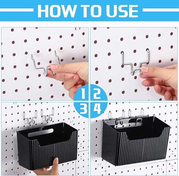 Suzile 4 Pcs Pegboard Bins Plastic Bins Set 7.9 x 3.3 x 4.7'' Pegboard Containers with Metal Hooks Organizing Assortment Accessories for Organizing Storage Tools Storage Workbench Garage (Black)