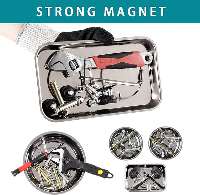5 Pieces Magnetic Trays Set Stainless Steel Magnet Tool Tray Parts Holder for Screws, Sockets, Bolts, Pins, Mechanic's and Automotive
