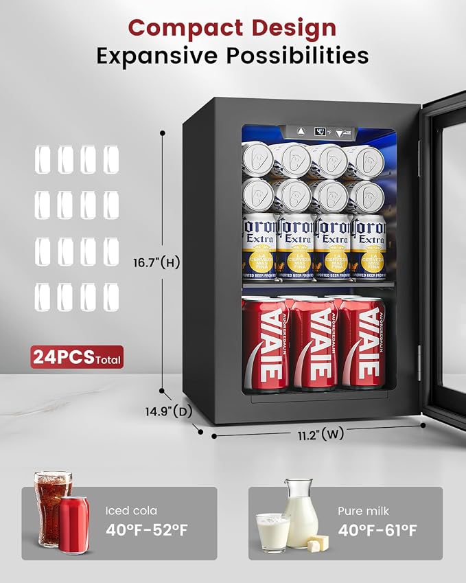 Feelfunn 24 Can Beverage Refrigerator, Mini Fridge, Black | 40-61°F temp control, whisper-quiet ≤38dB, holds 24 cans, removable shelf. Ideal for office, dorm, bedroom, home bar
