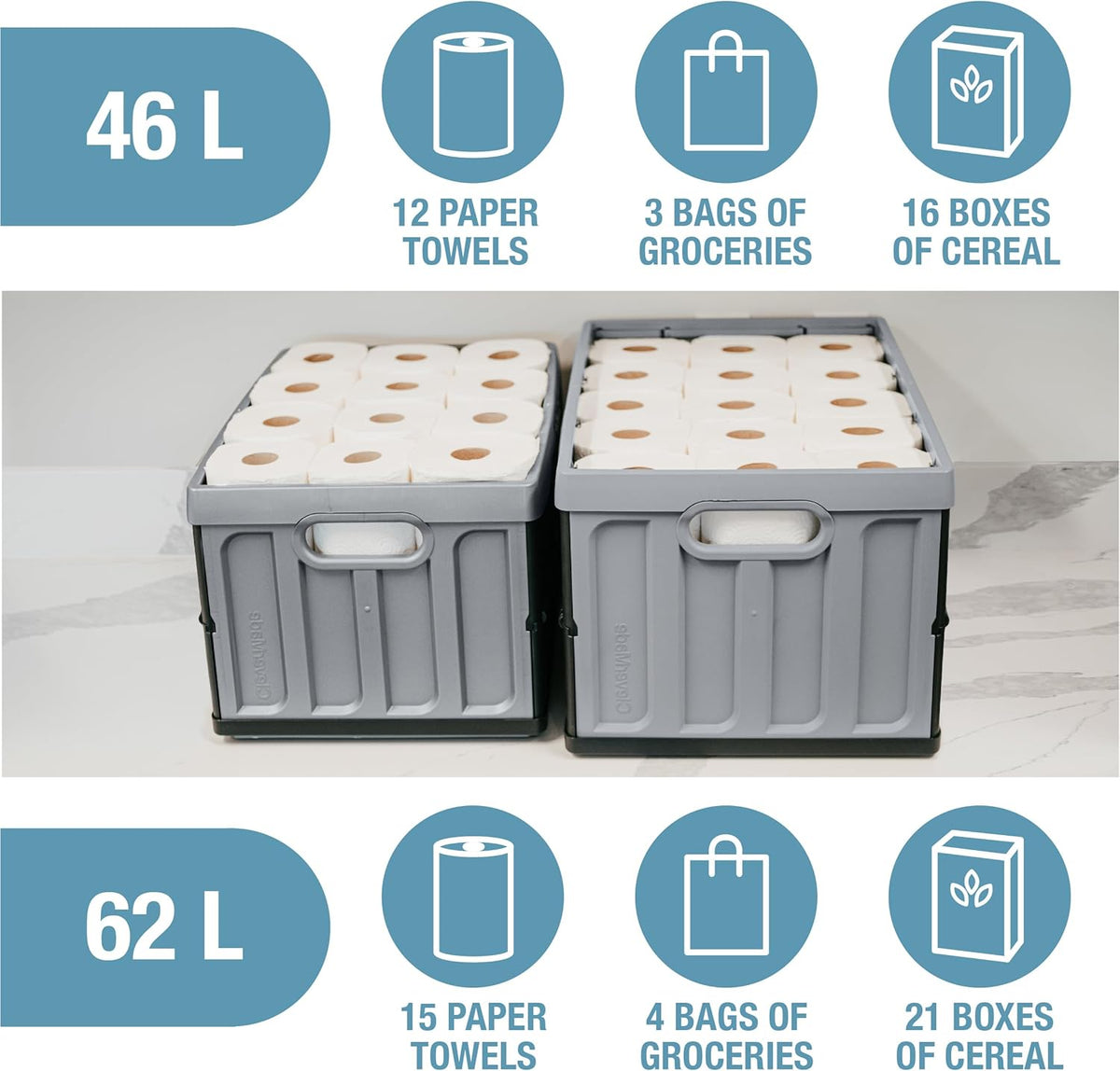 CleverMade Collapsible Plastic Storage Bins with Lids, 46L 3 Pack, Stone | Integrated grips simplify carrying through garages, closets and trunks, with a stack-ready shape that keeps supplies orderly
