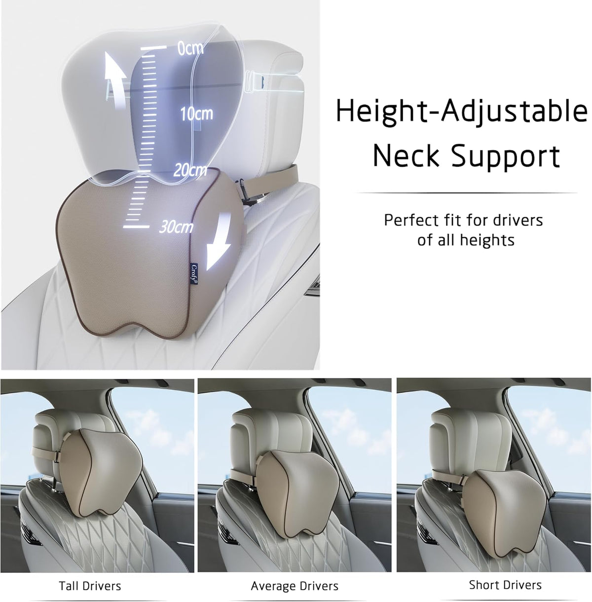 Crofy 2-Pack Car Neck Pillow, Headrest Pillow with Adjustable Strap, Gray | Soft Memory Foam; Ergonomic Design Fits Most Car & Office Chairs; Breathable Removable Pillow Cover Is Machine Washable
