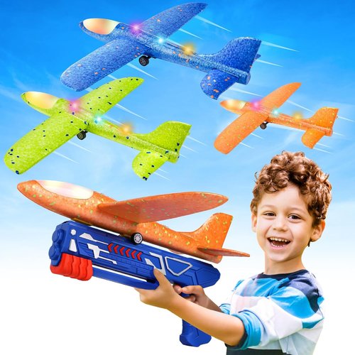 Fuwidvia Airplane Launcher Toys - 3 Pack LED Foam Glider Planes for Kids | Outdoor Fun, 13.2'' (Blue, Green, Orange)