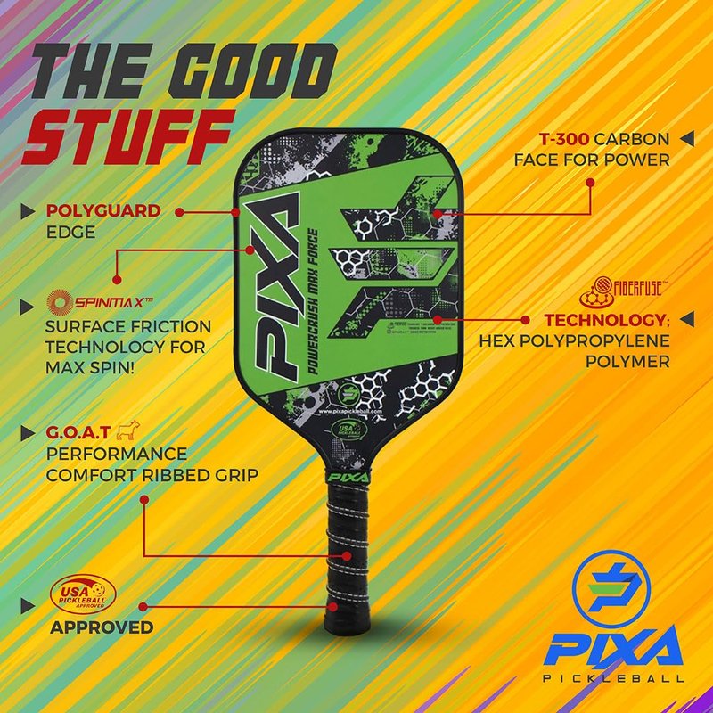 T-300 Carbon Fiber;16mm; Pickleball Paddle Set of 2; w/ 4 Balls, 2 Cooling Towels, Bag; Beginner Racquet/Intermediate Racket; PIXA Powercrush Max Force