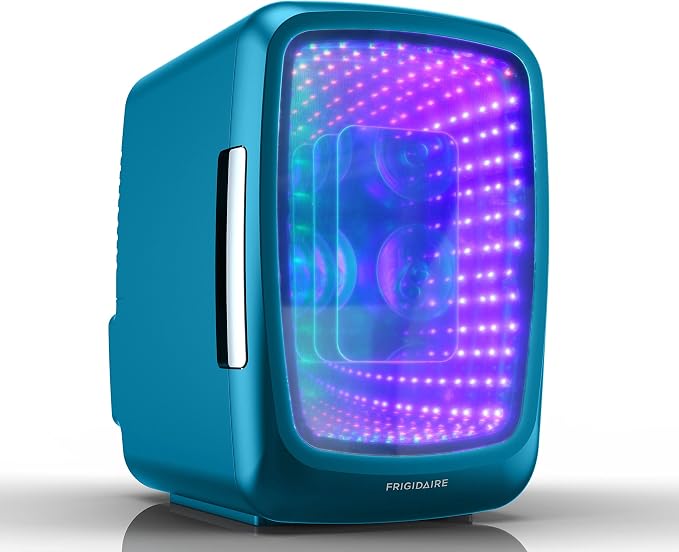 Frigidaire Gaming Light Up Mini Beverage Refrigerator, 6 can, 4 liters, Cooler with large see through door and LED lights Perfect for Gaming Experience, Home, Office, or Cars.12V Charger (Blue)