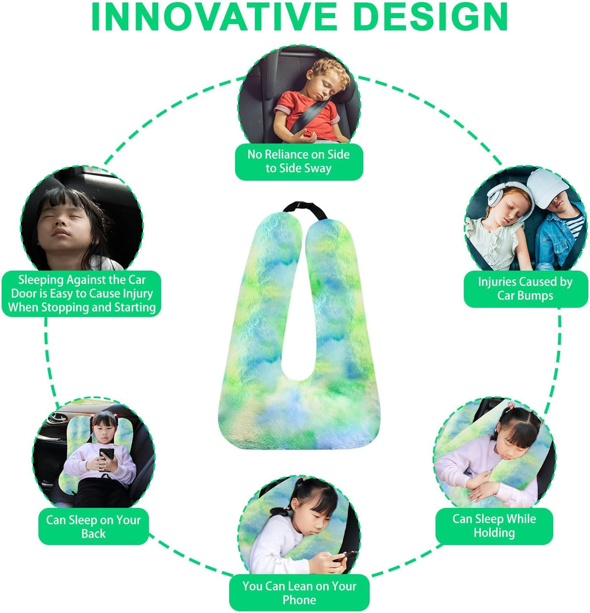 Travel Pillow, Travel Pillow for Kids, Sleeper Hold Pillow Travel, Removable U-Shaped Pillow for Adults and Children to Support Head and Body in The Back Seat of Long Car Trips (DCGreen)