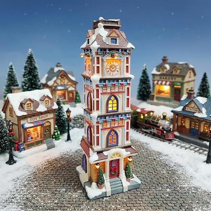 MOMENTS IN TIME Lighted Christmas Clock Tower 14.5” LED Hand-Painted Polyresin
