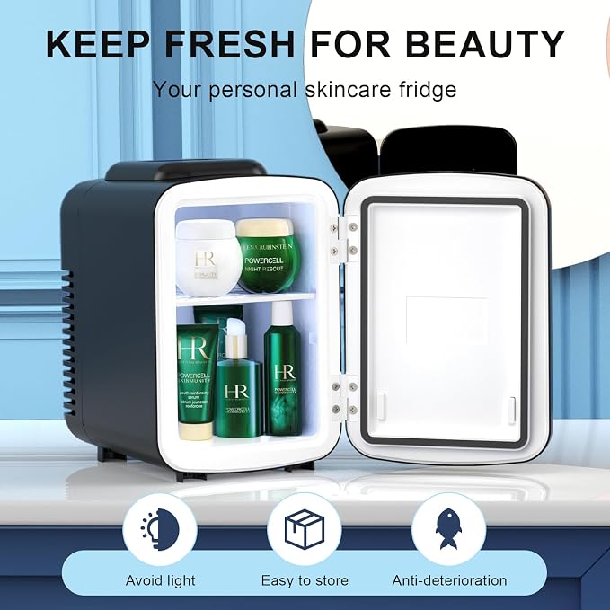 Mini Fridge for Bedroom, 4 Litre/6 Cans Portable Mini Refrigerator with AC/DC Power for Office, Dorm and Car, Thermoelectric Electric Cooler & Warmer Skincare Fridge for Drinks, Food, Cosmetics