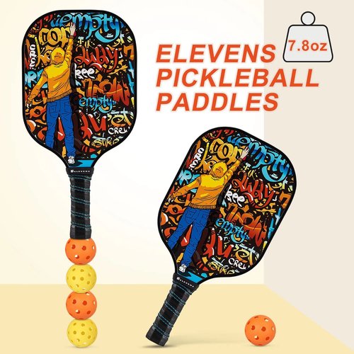 Elevens Pickleball Paddles, Pickleball Paddle Set of 2/4, Fiberglass Surface, Polypropylene Honeycomb Core, Cushion Grip, 4 Balls and 1 Storage Bag for Men Women Kids Indoor Outdoor
