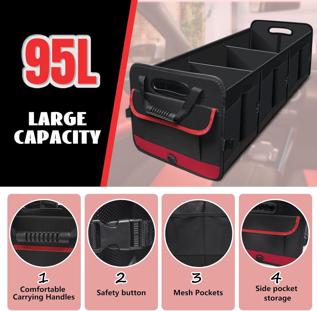 Car Trunk Organizer,Heavy Duty Collapsible 95 L Capacity Car Trunk Storage Organizer,Multi-Compartment Pockets, Adjustable Straps - Ideal for Travel, Camping, Shopping,Perfect for SUV, Truck, Sedan