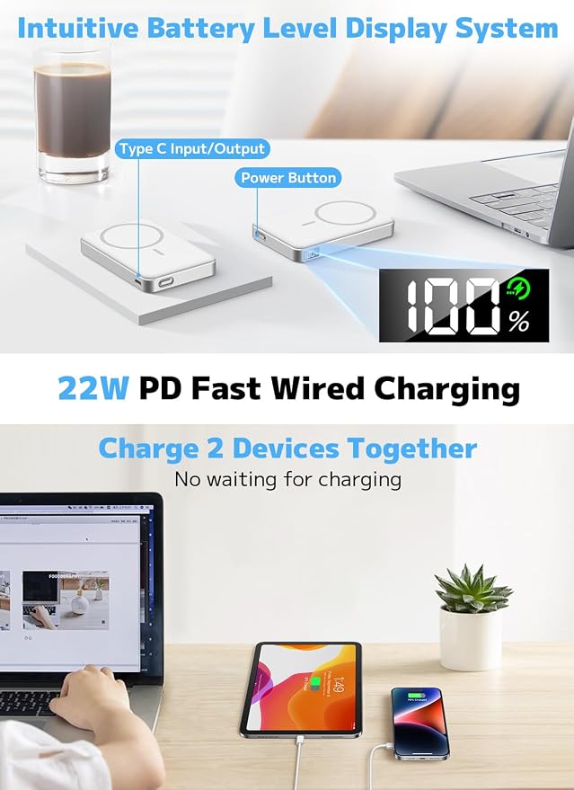 golioklsy for Magsafe Portable Charger,10000mAh Power Bank with Type-C 20W PD Fast Charging, Lightweight and Slim, LED Display for Magsafe Battery Pack for iPhone 17/16/15/14 All Series, White