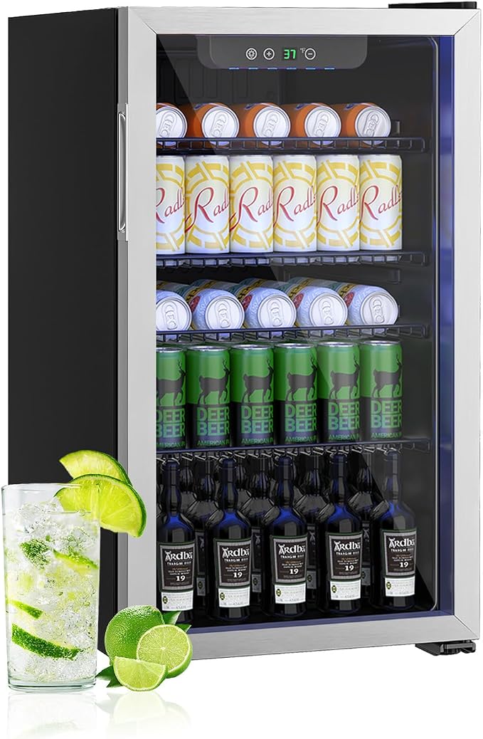 DOGHLY 3.2 Cu.ft Mini Fridge Glass Door, 126 Cans Beverage Refrigerator | Drink Fridge for Soda Beer Wine, Digital Temperature Control, Removable Shelf, Quiet Beverage Cooler for Office, Dorm, Bar