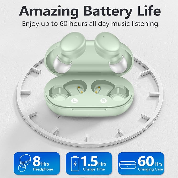 MOZOTER Mini Wireless Earbuds Bluetooth 5.3 in Ear Headphones Headsets | Light Weight,60Hrs Playtime Ear Buds with Charging Case,Smart Touch Control,Premium Sound with Deep Bass for Sport-Green
