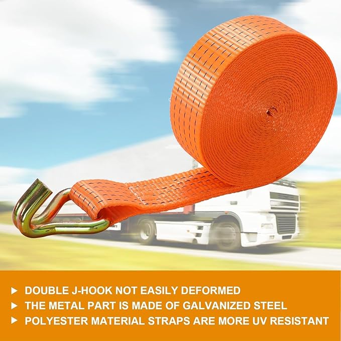 TLGREEN 4 Pack 2 in x 27 FT Double J Hook Ratchet Straps (11,000 lbs Break Strength), Heavy Duty Tie Down Straps for Trucks(Orange)