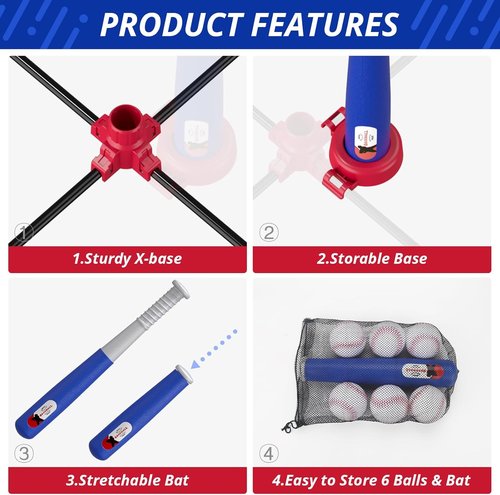 HYES 3-in-1 Baseball Set for Kids 3-5 | Adjustable Tee Ball Stand & Ball Launcher - Blue