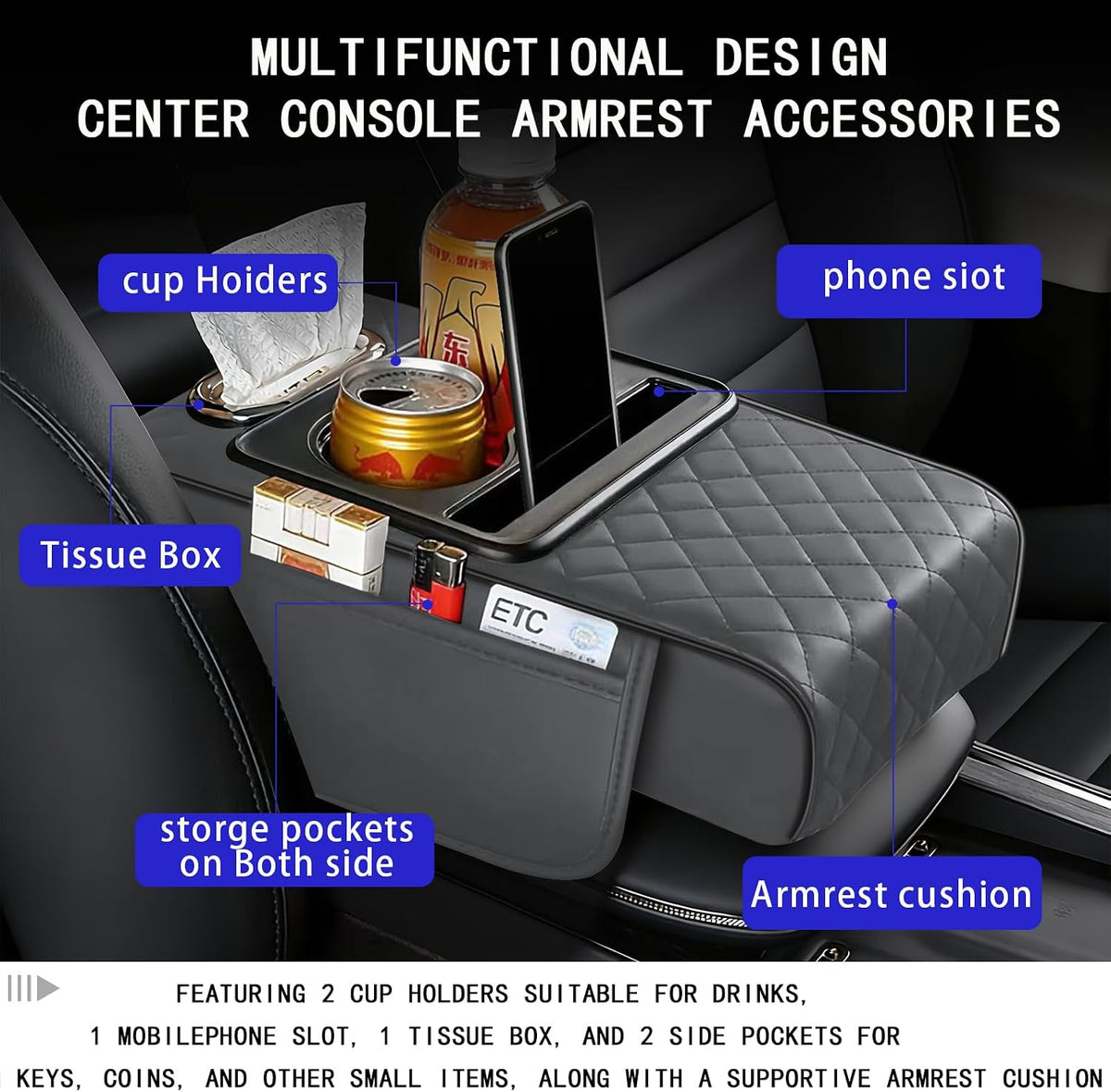 Leather Car Armrest Cover, 5-in-1 Console Cushion with Storage & Cup Holder