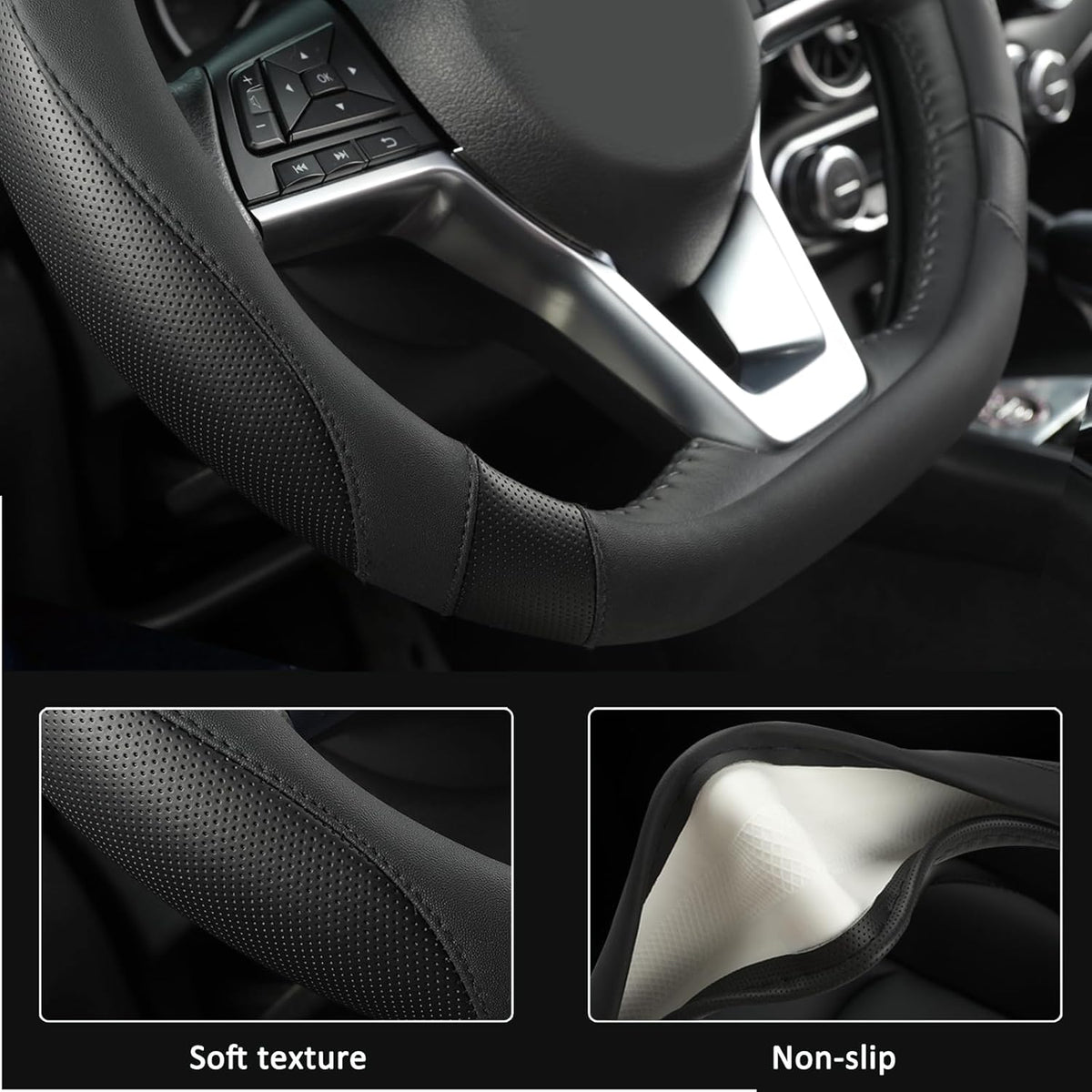 West Llama Flat Bottom Car Steering Wheel Cover for Nissan,D Shaped Steering Wheel Cover for Rogue,Altima,Kicks (Black-Standard Size)