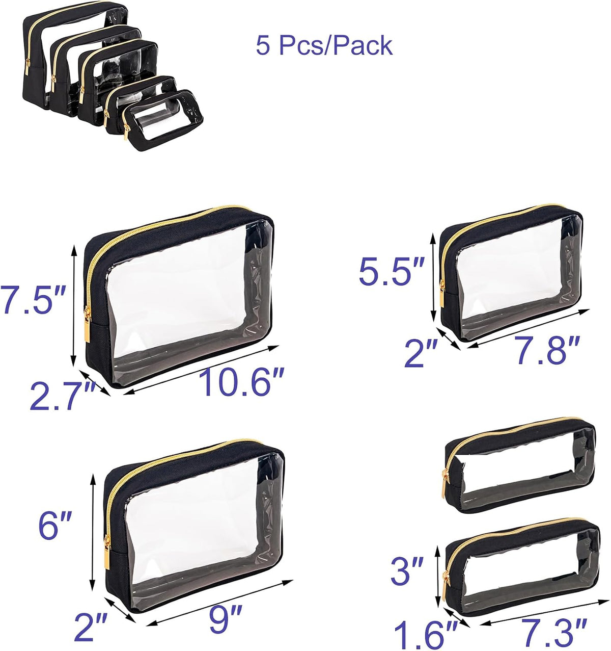 Remobia Hicol TSA Approved 5-Piece Diaper Bag Organizer Pouch Set Clear Waterproof TPU Kids Toiletry Storage Set Travel Packing Clutch Cube Bags for Baby Nursing(Black)