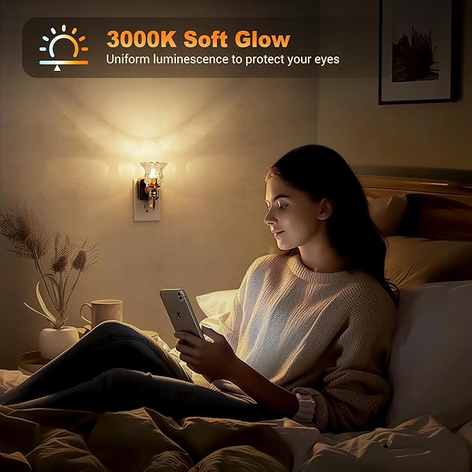 JandCase Night Light, Floral Night Lights Plug into Wall, Glass Flower LED