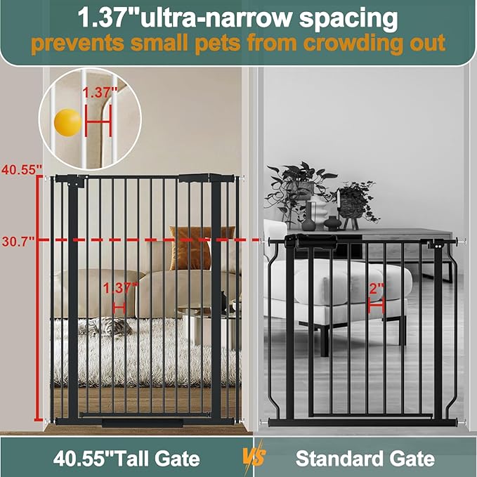 40.55" Tall, 53.74-61.61 Inch Wide, 1.37" Ultra Narrow Spacing Dog Pet Baby Gate Indoor for Doorway Hallway, Pressure Mounted 54 55 56 57 58 59 60 61 Inches Wide Black