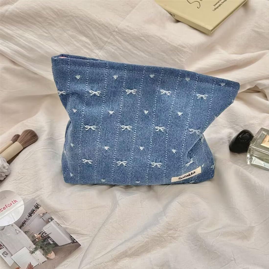 SxoSyo Denim Makeup Bags for Women, Canvas Cosmetic Pouch Large Purse, Blue