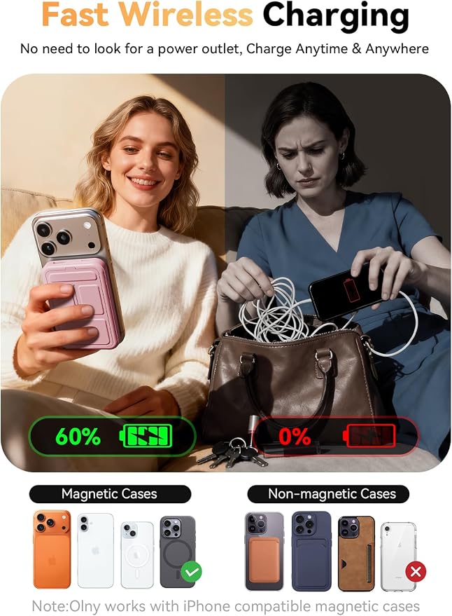 for Magsafe Battery Pack, 10000mAh Wireless Portable Charger with 20W USB-C Fast Charging, Foldable Stand & LED Display Magnetic Power Bank, Compatible with iPhone 16/15/14/13 All Series-Pink