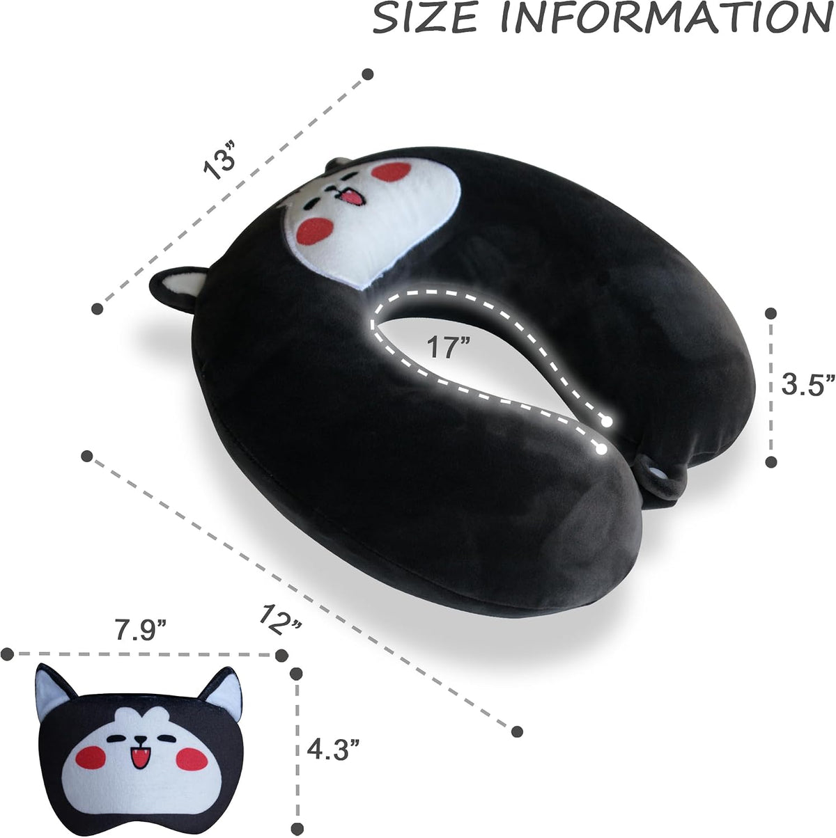 Sexysamba Cartoon Headrest & Neck Pillow for Kids Boys & Girls, Teens, Travel Accessories for Airplane, Car, Recline, Memory Foam Cute Travel Pillow with Sleep Eye Mask - Husky