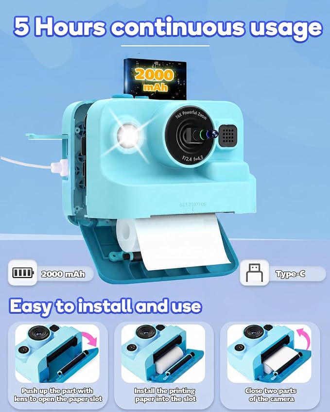 Dylanto Kids Camera Instant Print, 1080P Kids Instant Cameras that Print Photos