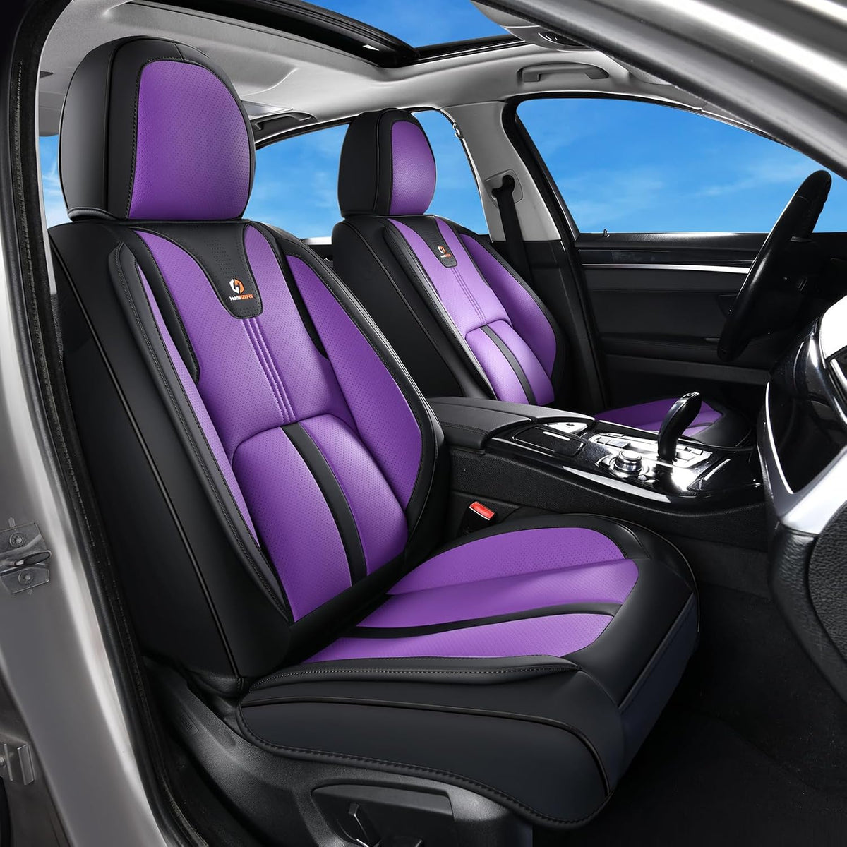 Huidasource Front Car Seat Cover Luxury Nappa Leather, Leather Front Seat Covers with Airbag, Front Storage Pocket, Lumbar Support, Cooling＆Heating Universal Fit for Most Cars SUV Trucks, Black&Purple