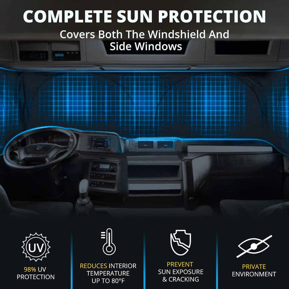 Semi Truck Sun Shade for Windshield and Side Windows | Upgrade 300T Semi Window Sunshade Sun Protection Block UV/Sun Heat Rays for Semi, Commercial & Big Rig Truck, RV