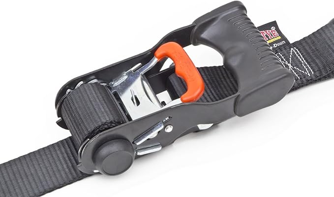 PowerTye 1.5in x 7ft Ergonomic Locking Ratchet Straps with Heavy-Duty S-Hooks - Made in USA - 1,000 lb. Working Load Limit / 3,000 lb. Breaking Strength - Black (Pair)