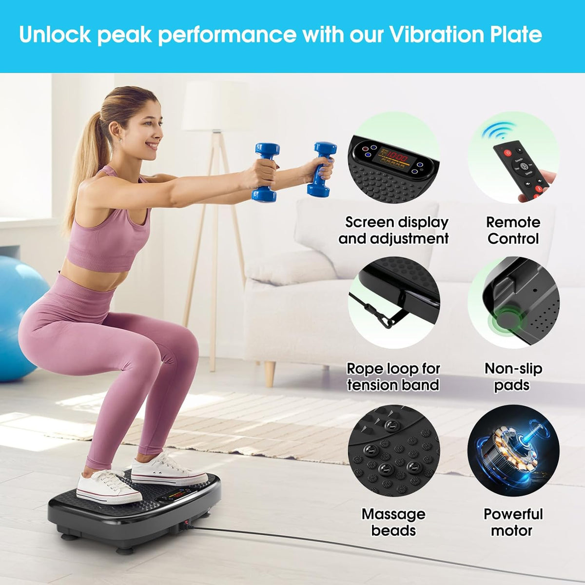 SoftGym Vibration Plate - Whole Body Workout Machine for Lymphatic Drainage | 450 Lbs Capacity with Resistance Bands