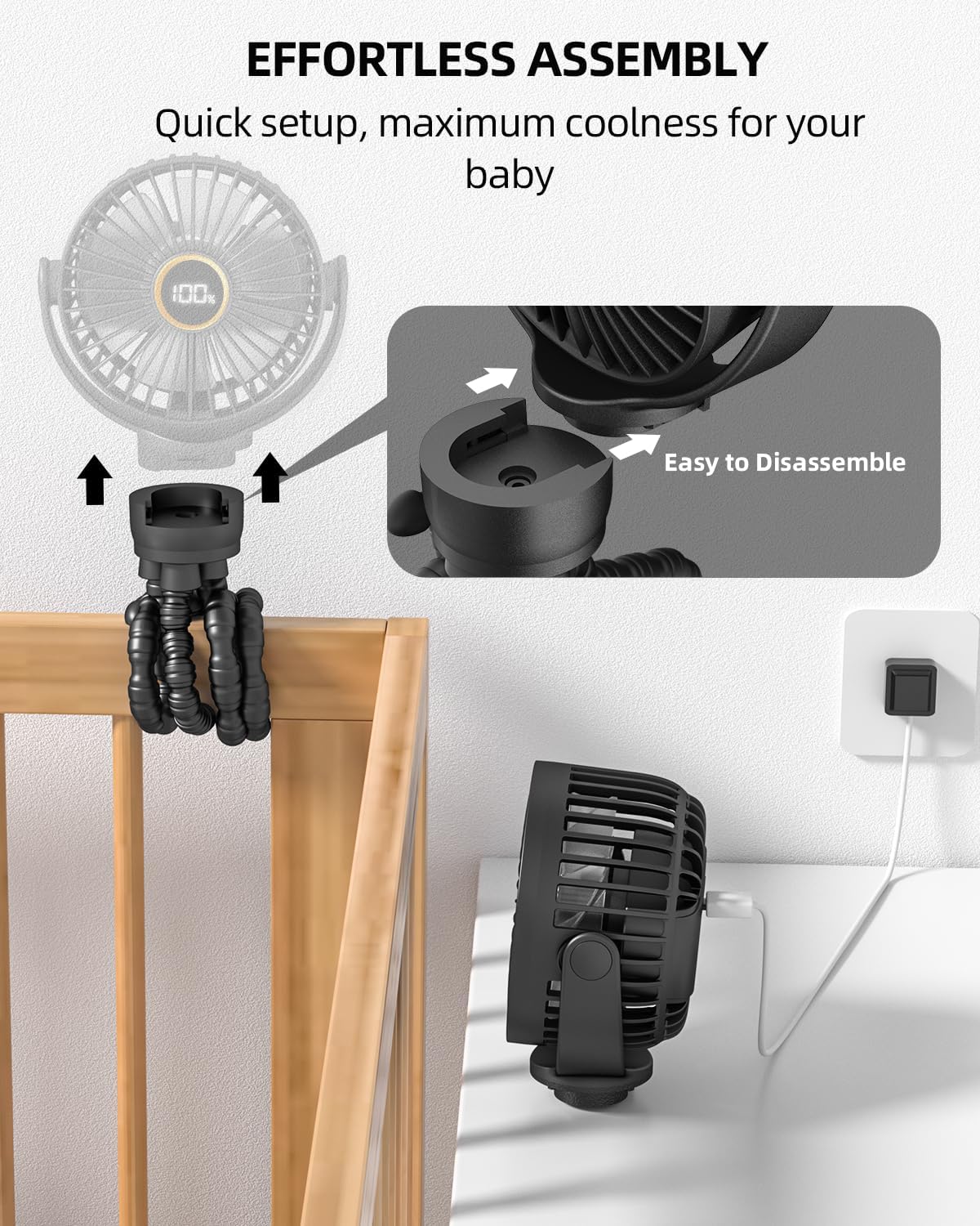 Portable Stroller Mini Fan, Small Rechargeable Personal Fan, Baby Travel Essentials for Wagon, Car Seat, Treadmill, Battery Powered Biking Gear Accessories, 360° Rotation, 3-Speed, Display, Black