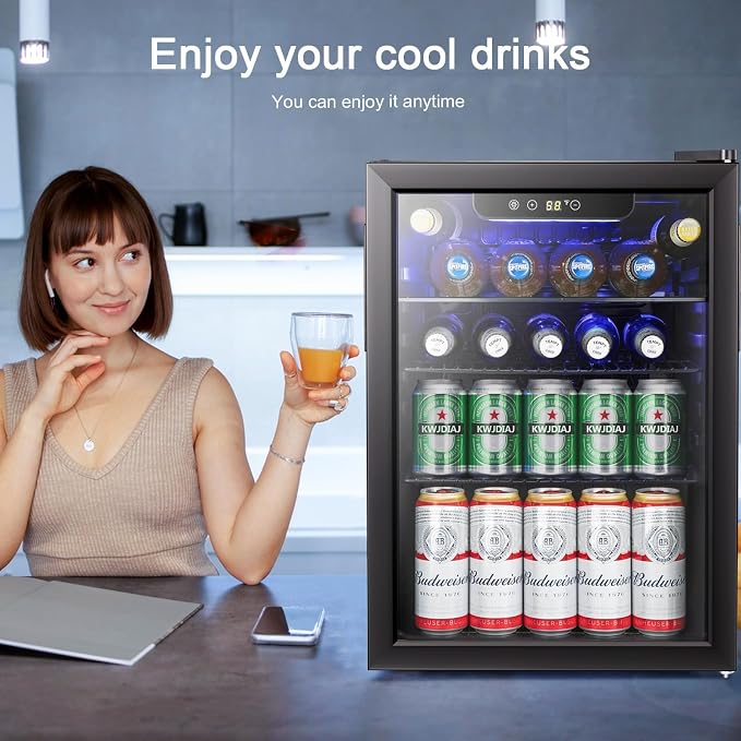Antarctic Star Beverage Refrigerator Cooler-85 Can Mini Fridge Glass Door for Soda Beer Wine Stainless Steel Glass Door Small Drink Dispenser Digital Display for Home, Office Bar,2.6cu.ft