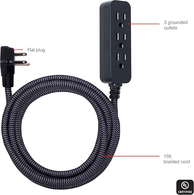 GE 3-Outlet Power Strip Surge Protector 15 Ft Braided Long Cord Extension Cord Surge Protector Power Strip Flat Plug Extension Cord 250 Joules ETL Listed Black 44237