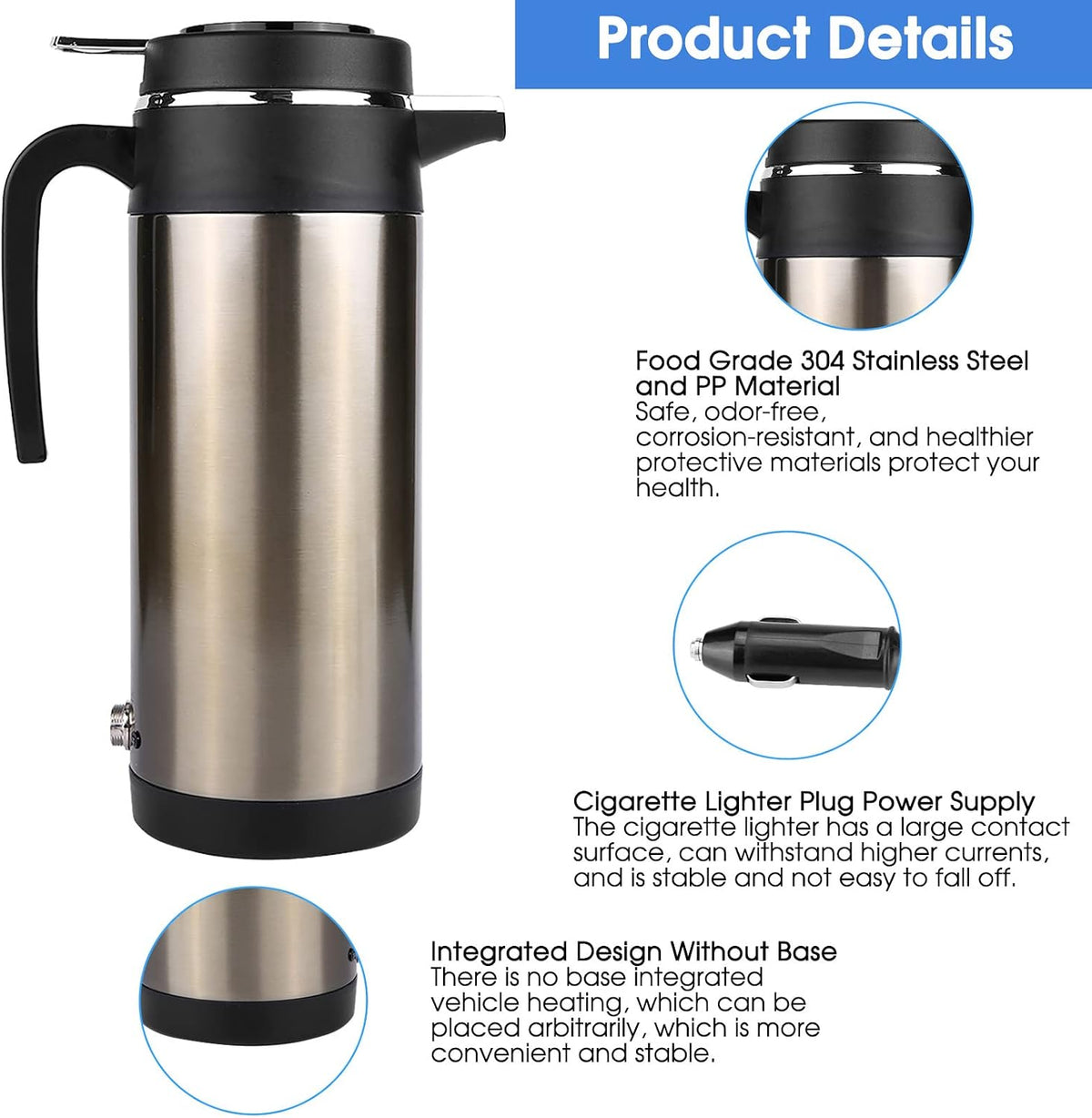 Acouto 12V Car Electric Kettle 1000ML Stainless Steel Car Electric In-car Kettle Travel Thermoses Heating Water Bottle Heating Cup